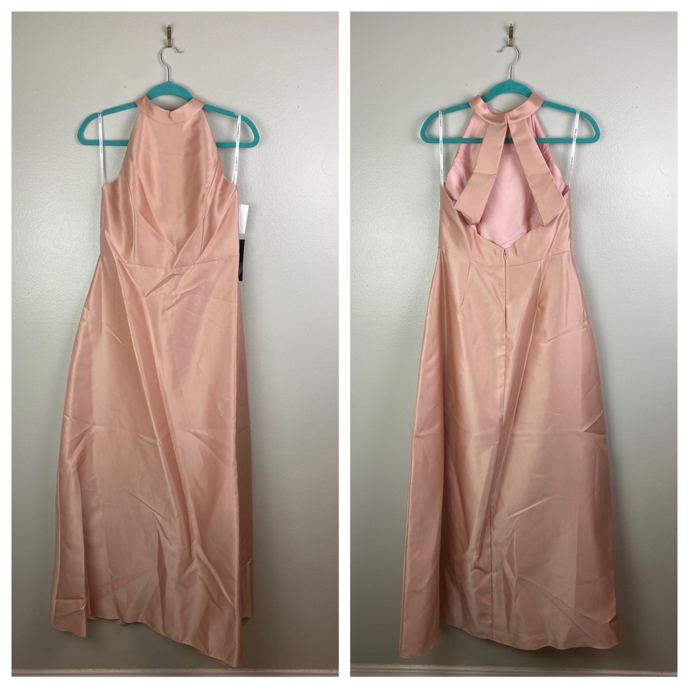 NWT Alfred Sung | High-Neck Cutout Satin Bridesmaid Dress Toasted Sugar 12